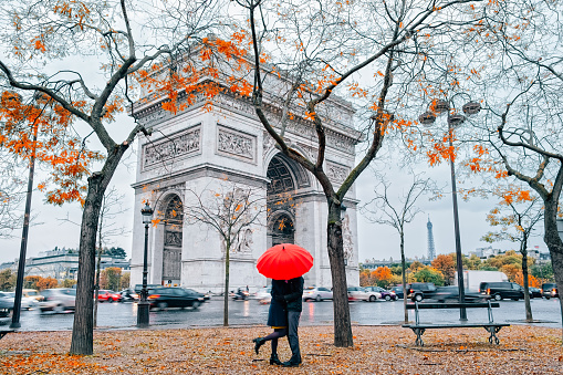 Couple under umbrella at rain in Paris