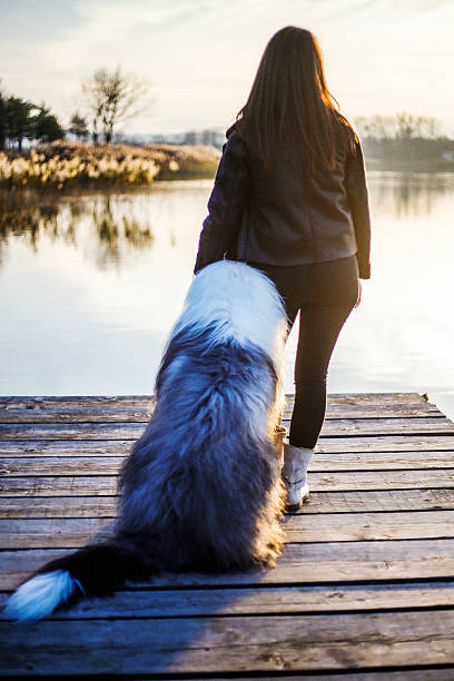 istock Young woman looking at beautiful view with her dog 626817358