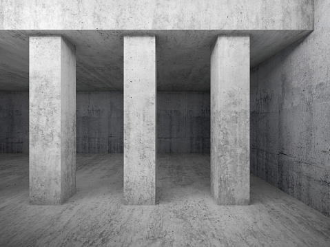 Abstract architecture background, empty concrete room interior with columns, 3d illustratio