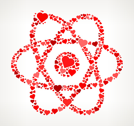 Atom Red Hearts Love Pattern. The vector shape is filled with red heart pattern. The red color hearts vary in size, rotation and shade or the red color. The background is white with a slight gradient around the edges. This vector pattern graphic fill is perfect for Valentine’s Day Holiday ideas.