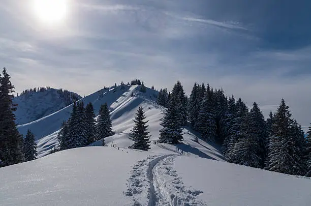 Lonely ski touring in beautiful sunny winter landscape, Oberstdorf, Allgau, Germany