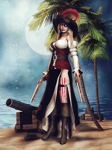 Fantasy pirate girl standing next to a cannon on an island with palm trees. 3D render.