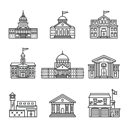 Government and education buildings set. Thin line art icons. Linear style illustrations isolated on white.