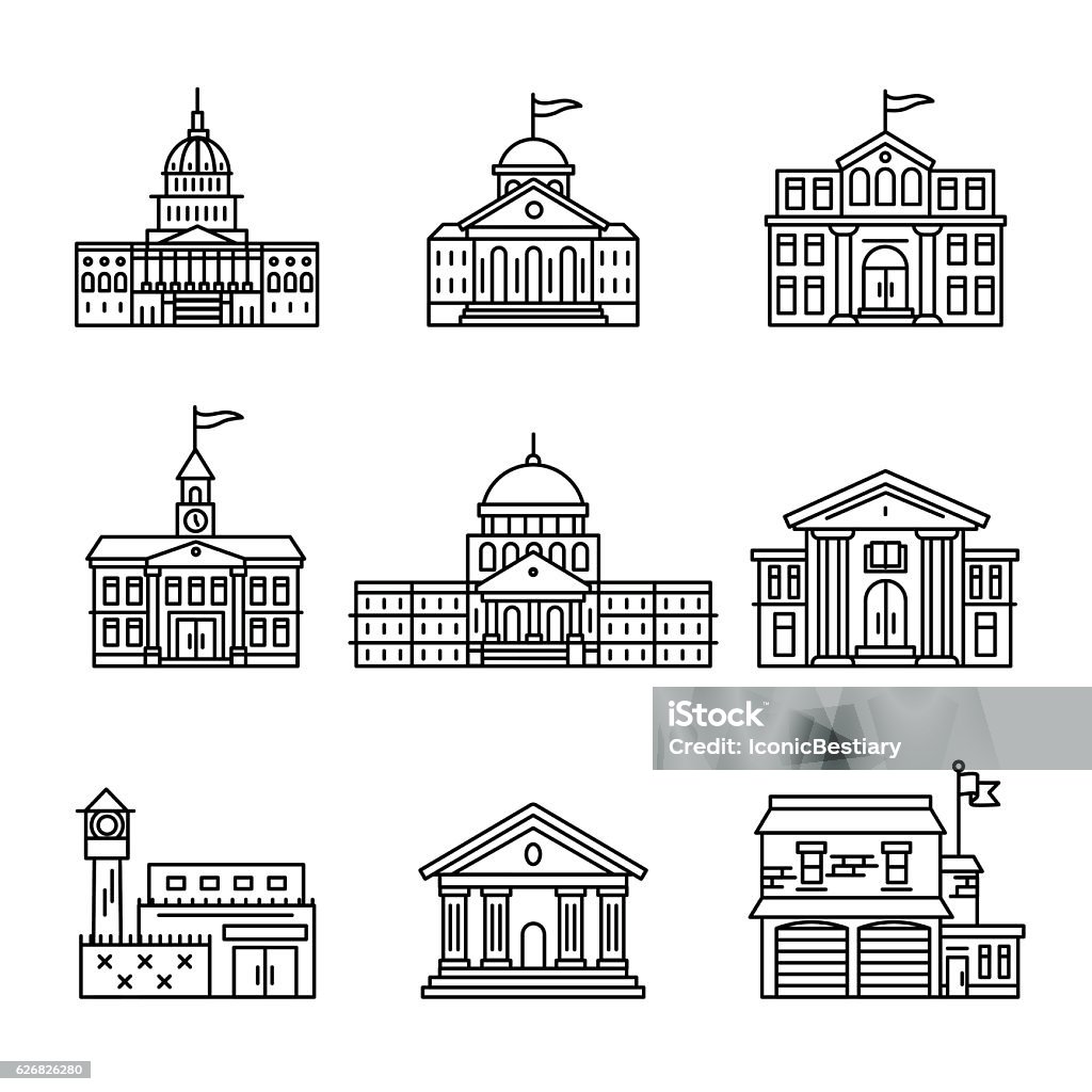 Government and education buildings set Government and education buildings set. Thin line art icons. Linear style illustrations isolated on white. Building Exterior stock vector