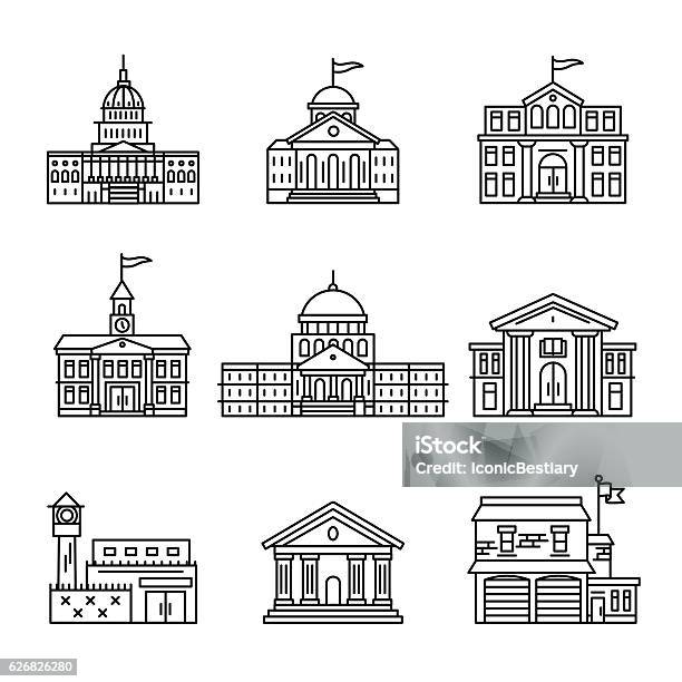 Government And Education Buildings Set Stock Illustration - Download Image Now - Building Exterior, Construction Industry, State Capitol Building