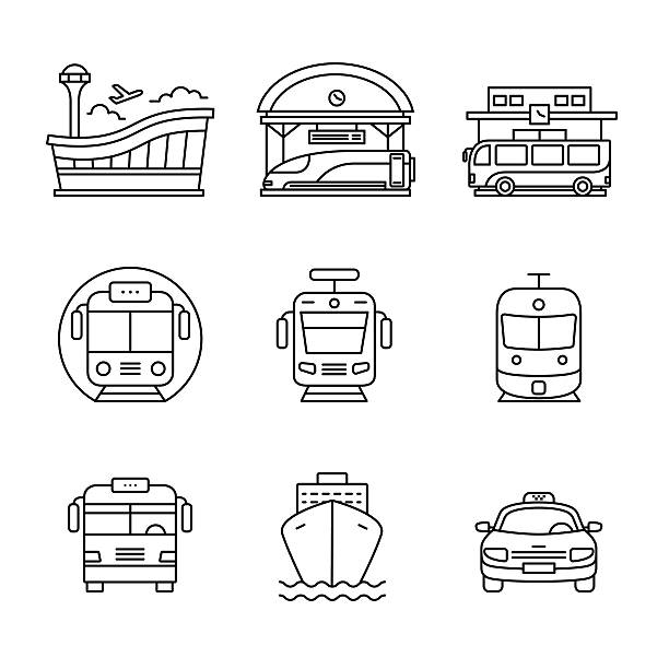 Modern transportation and urban infrastructure set Modern transportation and urban infrastructure set. Road, rail and water city transportation stations signs. Thin line art icons. Linear style illustrations isolated on white. train stations stock illustrations