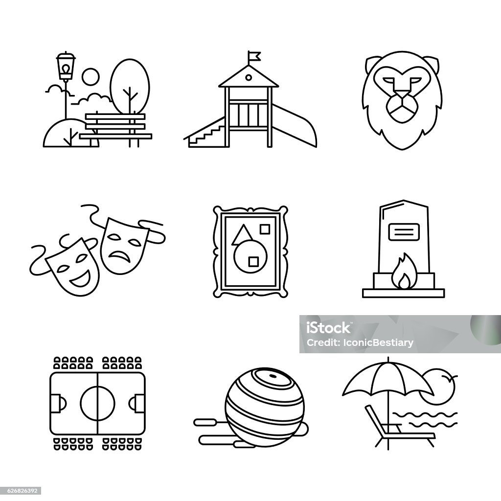 Recreation, tourism and sport buildings signs set Recreation, tourism and sport buildings signs set. For use with maps and internet services interfaces. Thin line art icons. Linear style illustrations isolated on white. Building Exterior stock vector