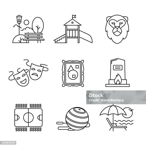 Recreation Tourism And Sport Buildings Signs Set Stock Illustration - Download Image Now - Building Exterior, Center - Athlete, Leisure Activity