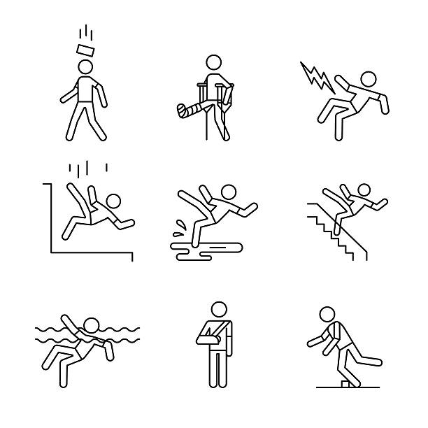 Man accident and traumas safety sign set Man accident and traumas safety sign set. Thin line art icons. Linear style illustrations isolated on white. invalid person stock illustrations
