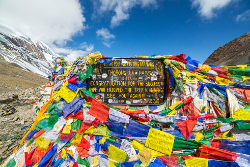 Annapurna, Nepal - May 11, 2016: Thorong La pass 5416m, highest point of Annapurna circuit trek.