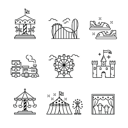 Theme amusement park sings set. Thin line art icons. Linear style illustrations isolated on white.