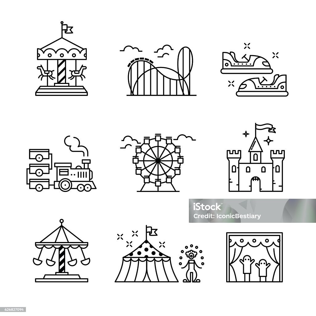 Theme amusement park sings set Theme amusement park sings set. Thin line art icons. Linear style illustrations isolated on white. Amusement Park stock vector