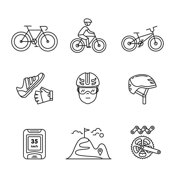 Bike cycling and biking accessories sign set Bike cycling and biking accessories sign set. Thin line art icons. Linear style illustrations isolated on white. chainring stock illustrations