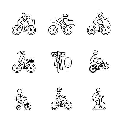 Bike types and cycling sign set. Man, woman, kids. Thin line art icons. Linear style illustrations isolated on white.