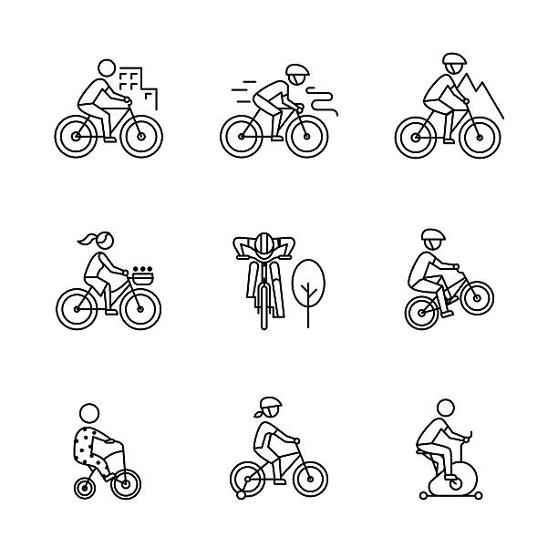 Bike types and cycling sign set Bike types and cycling sign set. Man, woman, kids. Thin line art icons. Linear style illustrations isolated on white. bicycle symbols stock illustrations