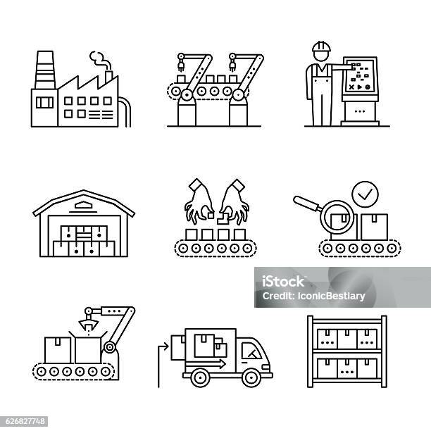 Ilustración de Líneas De Montaje Robóticas Y De Fabricación Manual y más Vectores Libres de Derechos de Maquinaria