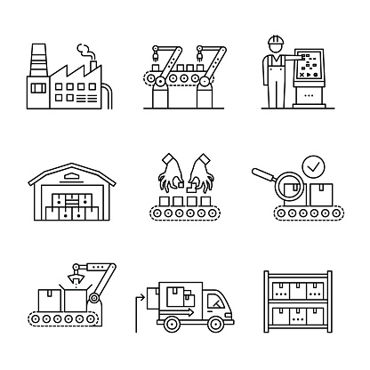 Modern robotic and manual manufacturing assembly lines. Packaging, loading and warehouse inventory. Thin line art icons set. Linear style illustrations isolated on white.