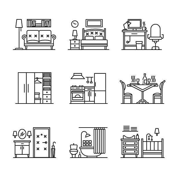 Home room types furniture signs set Home room types furniture signs set. Thin line art icons. Linear style illustrations isolated on white. bathroom patterns stock illustrations