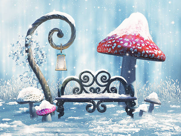 istock Fantasy winter bench and mushrooms 626830778