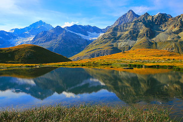 istock Swiss alps landscape: Alpine Lake reflection,  golden meadows 626830846