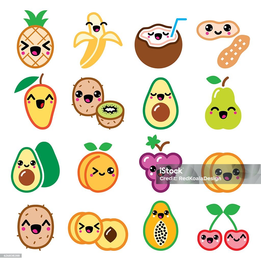 Kawaii fruit and nuts cute characters icons set Vector icons set of Japanese Kawaii fruit isolated on white  Cute stock vector