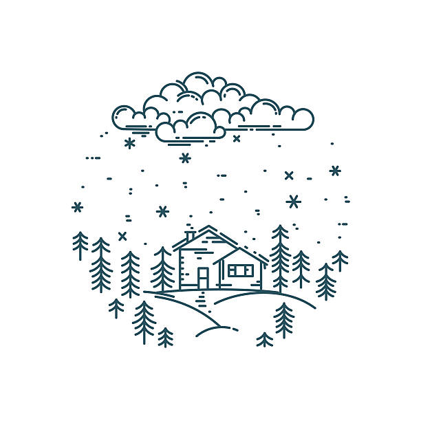 wektor płaski liniowy krajobraz zimowy w okrągłym składzie. - christmas funky building exterior vector stock illustrations