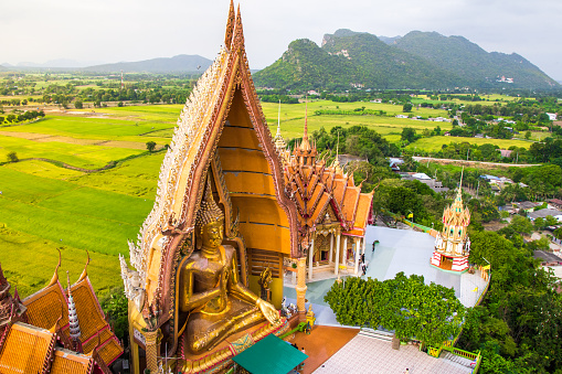 Wat Tham Sua is Thai temple in Kanchanaburi Thailand. in top view.