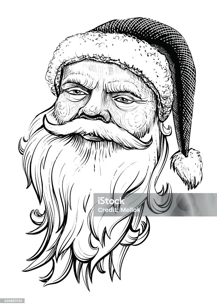 Santa Claus head. Black and white vector drawing. Santa Claus head. Vector illustration portrait. Line art, engraving texture. Black and white drawing. Vintage style. Santa Claus stock vector