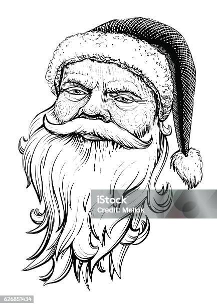 Santa Claus Head Black And White Vector Drawing Stock Illustration - Download Image Now - Santa Claus, Illustration, Retro Style