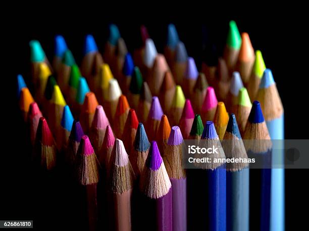 Coloured Pencils On Black Background Stock Photo - Download Image Now - Colored Pencil, Art, Art And Craft