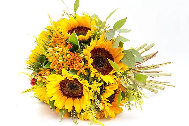 Sunflower  wedding bouquet isolated on a white background.