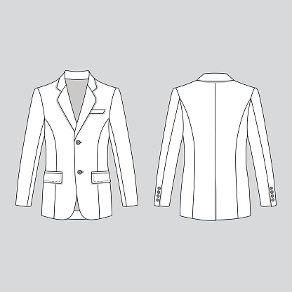 .Long sleeve man's buttoned jacket outlined template (front & back view), vector illustration isolated on gray background