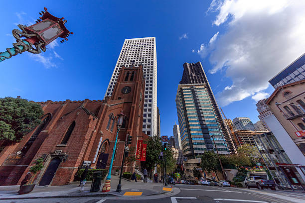 San Francisco, California, USA - November 23, 2016: 11mm wide angle View of the chinatown district in San Francisco downtown. Incidental people on the background. 