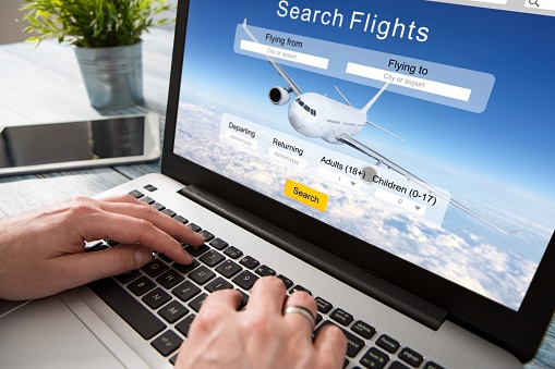 booking flight travel traveler search ticket reservation holiday air book research plan job space technology startup service professional now marketing equipment concept - stock image