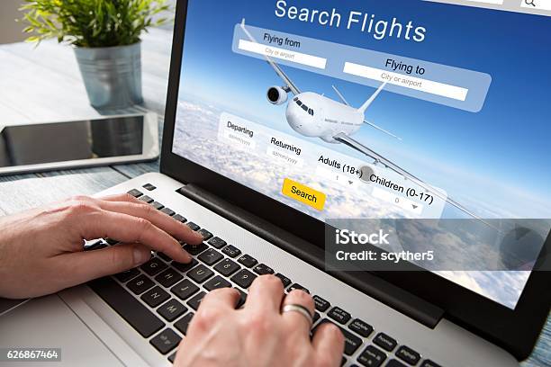 Booking Flight Travel Traveler Search Reservation Holiday Page Stock Photo - Download Image Now