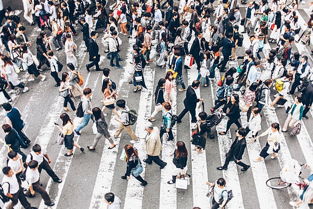 People crossing the street on walkway Pedestrians crossing street on walkway in Japan. High angle view. osaka prefecture photos stock pictures, royalty-free photos & images