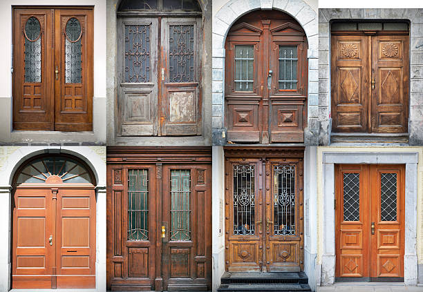 old doors, handles, locks, lattices and windows - door symmetry wood hotel imagens e fotografias de stock