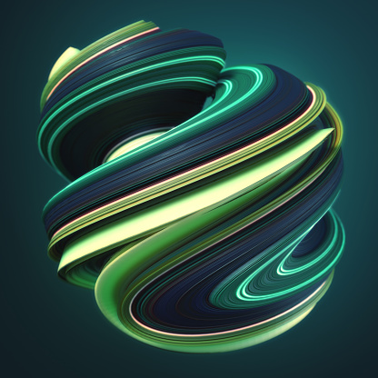 Green yellow abstract twisted shape. Computer generated geometric illustration. 3D rendering