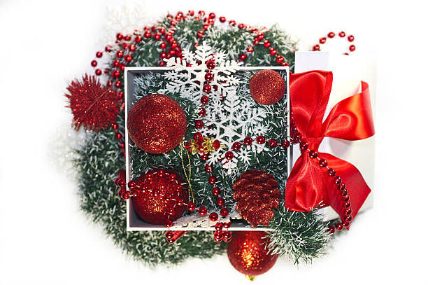istock christmas box with New Year baubles 626889730