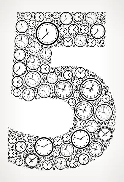 ilustrações de stock, clip art, desenhos animados e ícones de number 5 on time and clock vector icon pattern - minute hand number 10 clock hand number 11