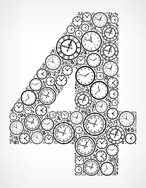 ilustrações de stock, clip art, desenhos animados e ícones de number 4 on time and clock vector icon pattern - minute hand number 10 clock hand number 11