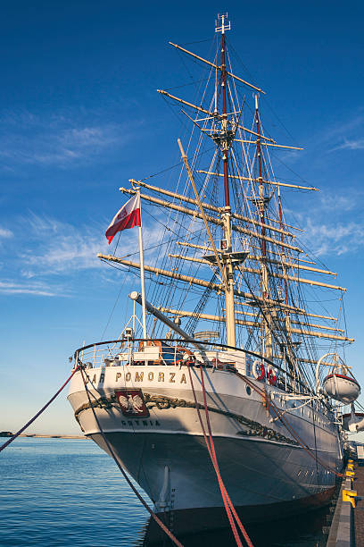 Gdynia, Poland - August 24, 2016: The sailing ship Dar Pomorza in the harbor of Gdynia. The ship was launched in 1909 and is now preserved as a museum ship.