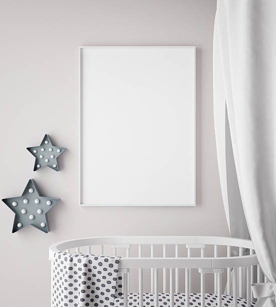 mock up poster frame in children room, scandinavian style interior stock photo