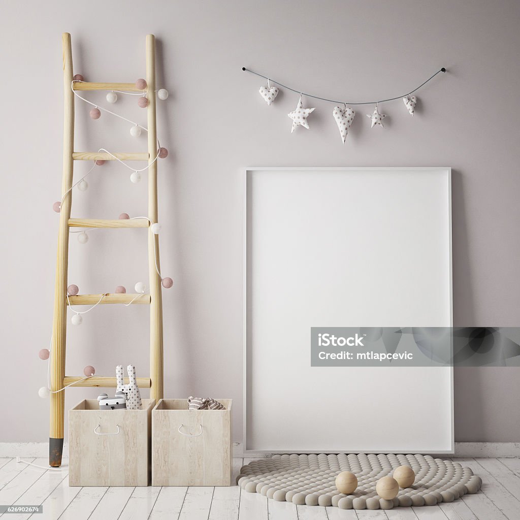 mock up poster frame in children room, scandinavian style interior mock up poster frame in children room, scandinavian style interior background, 3D render, 3D illustration Child Stock Photo