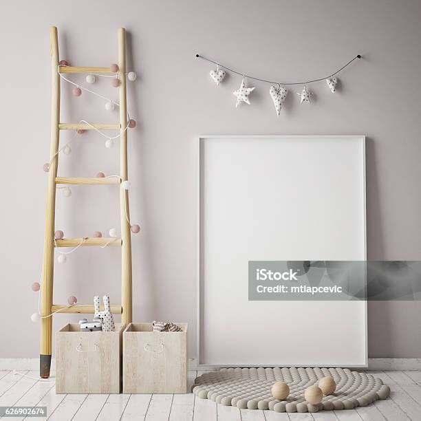 Mock Up Poster Frame In Children Room Scandinavian Style Interior Stock Photo - Download Image Now