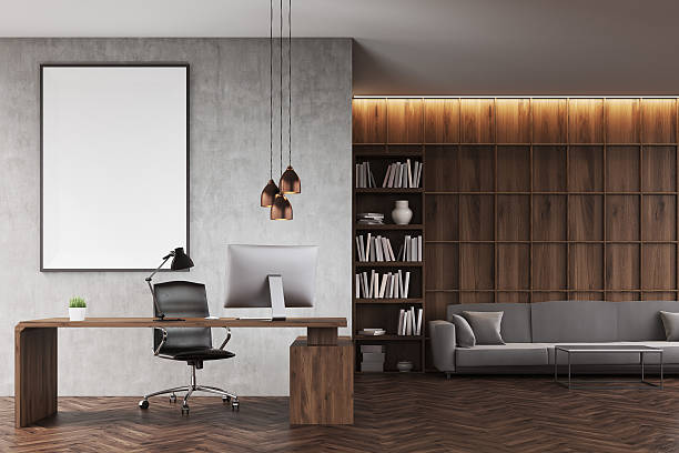 istock Front view of CEO office with bookcase 626903588