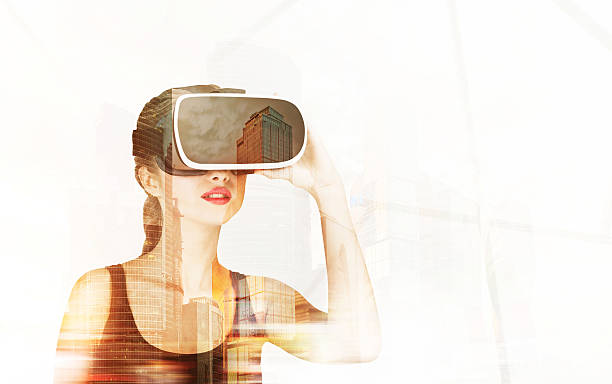 istock Girl in 3d glasses near skyscraper 626904836