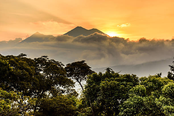 Sunset over volcanoes, Antigua, Guatemala stock photo