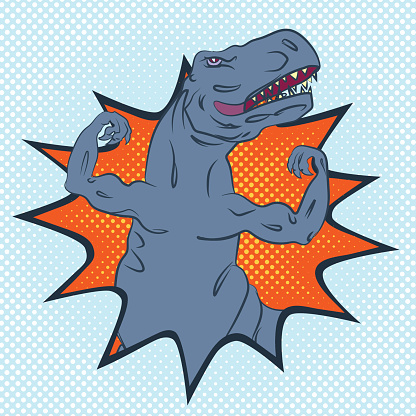 brave and strong tyrannosaurus with well-trained upper limbs, pop-art style conceptual illustration
