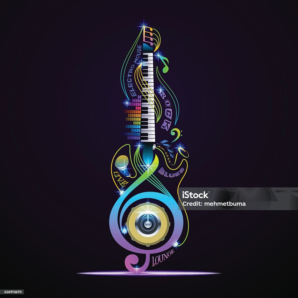 Musical instruments collage for rock, jazz, blues, lounge, electronic, live. Colorful musical instruments collage. Vector concept for live, rock, jazz, blues, lounge, electronic. Backgrounds stock vector